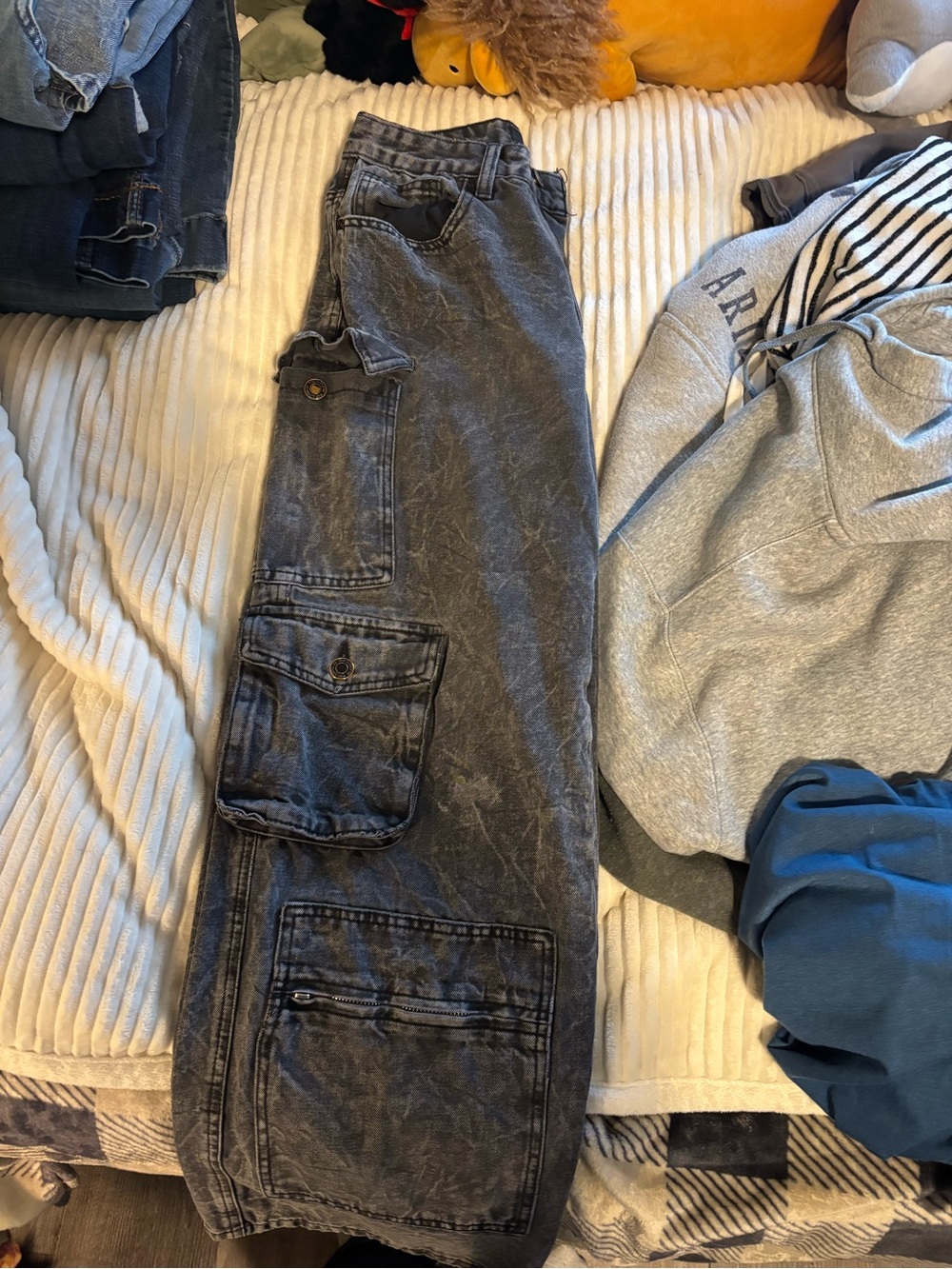 Washed Black Cargo Pants with Multiple Pockets